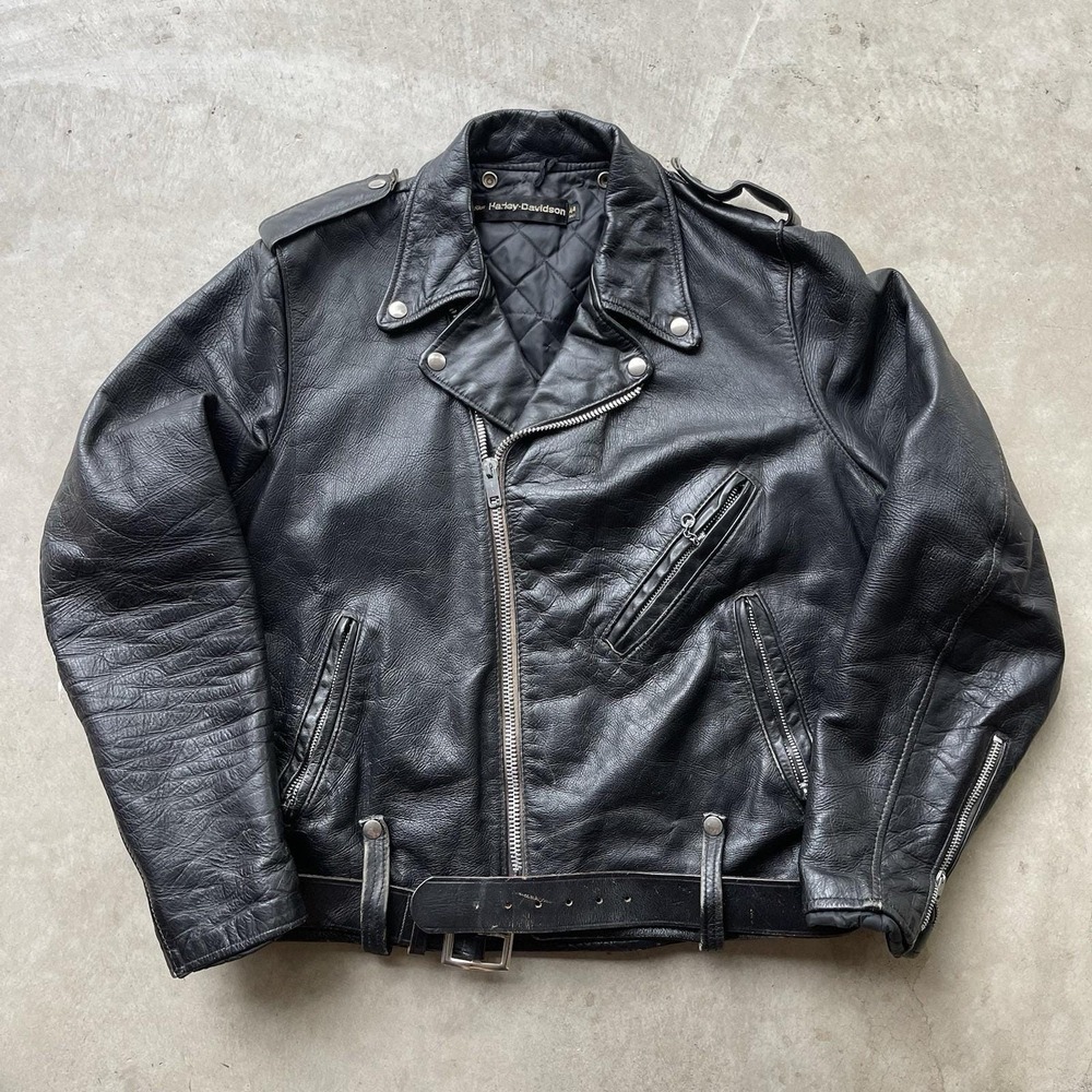 Vintage 70s Harley Davidson AMF Leather Motorcycle Jacket Belted Serval Zip 44